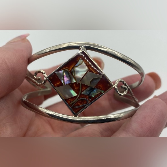 Mexican Silver-tone Abalone Shell Scrolled Rope Split Cuff Bracelet - Picture 4 of 7